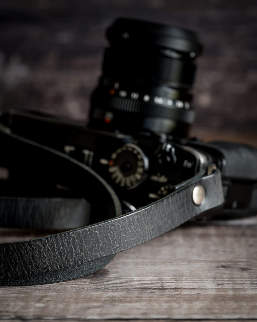 Antique black crackle leather camera strap full length view