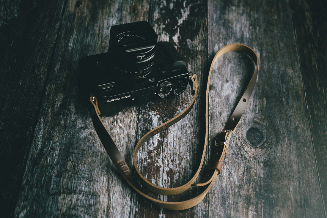 Adjustable Horween Chromexcel leather camera strap with nickel hardware