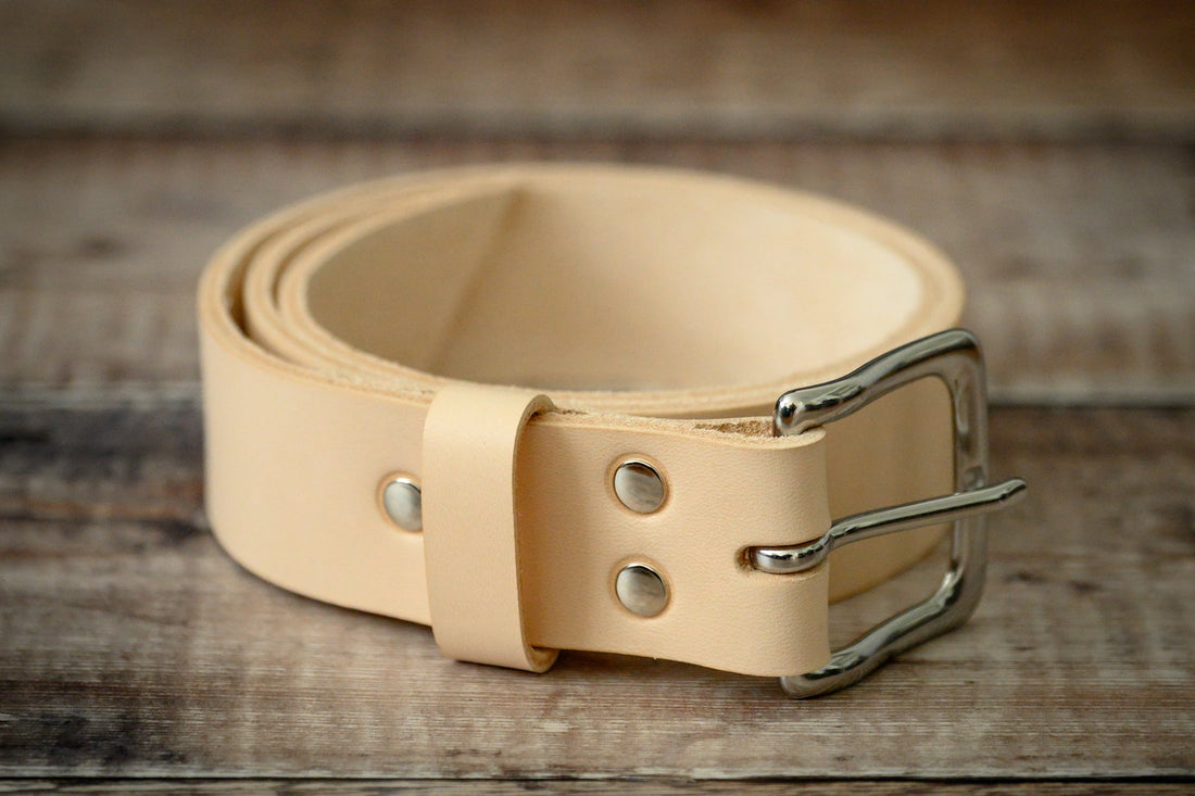 Handmade veg tan leather belt in natural color
