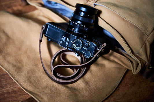 Linnhie skinny leather neck strap for compact cameras in natural tan