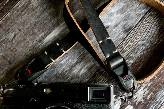 Quick release anchor leather camera strap in black with Peak Design anchors