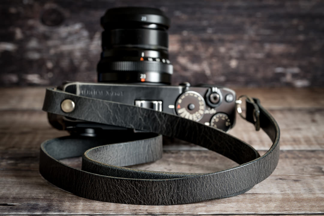Antique black buffalo hide leather camera neck strap with crackle finish