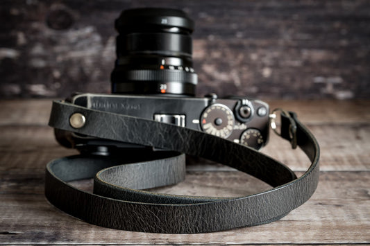 Antique black buffalo hide leather camera neck strap with crackle finish