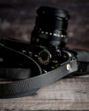 Load image into Gallery viewer, Antique black crackle leather camera strap full length view