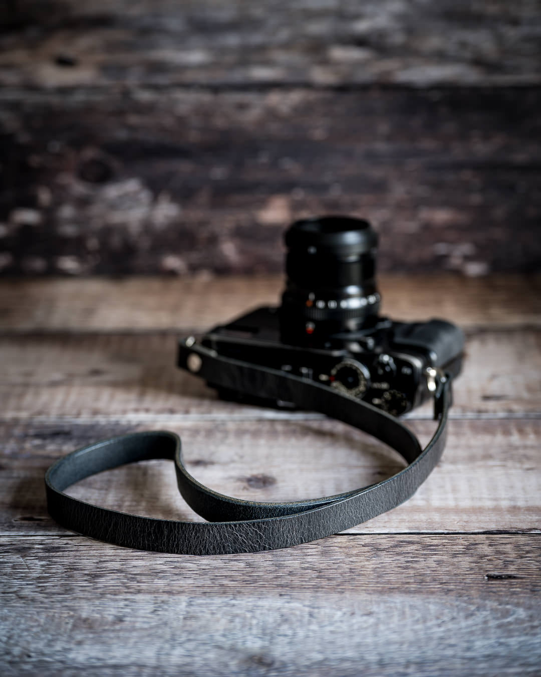 16mm antique black leather camera neck strap hardware detail