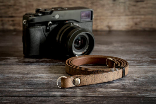 Antique brown veg tan leather camera neck strap handmade in UK
