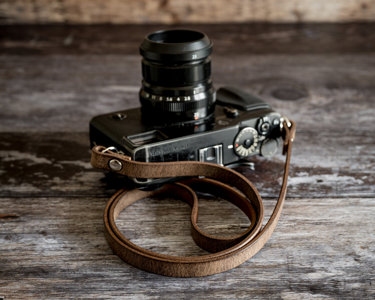 Handcrafted antique brown leather camera neck strap full length view