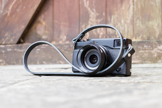 Short leather camera neck straps with nickel fittings handmade UK