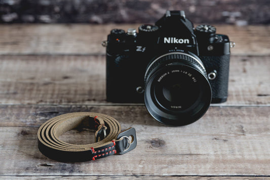 GRANADA minimal Horween Chromexcel leather camera neck strap with bumpers handmade UK