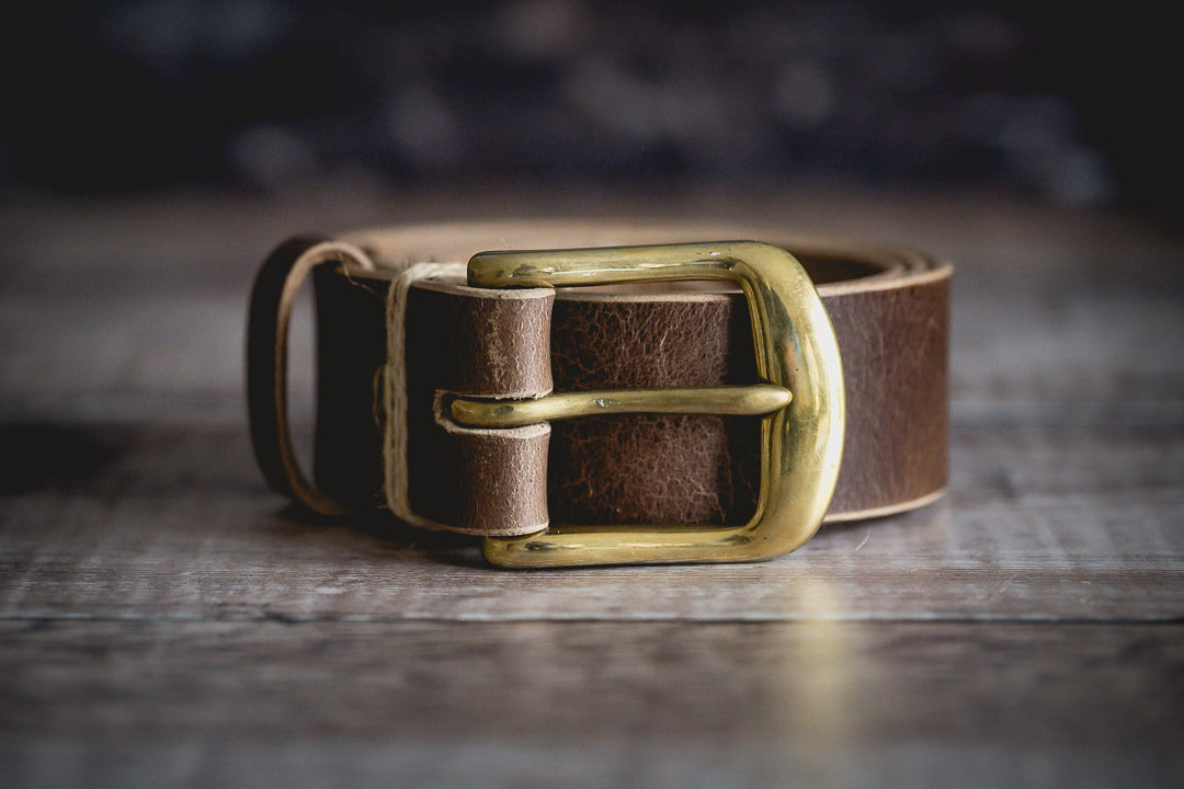 Antique brown veg tan leather belt with brass buckle handmade in UK