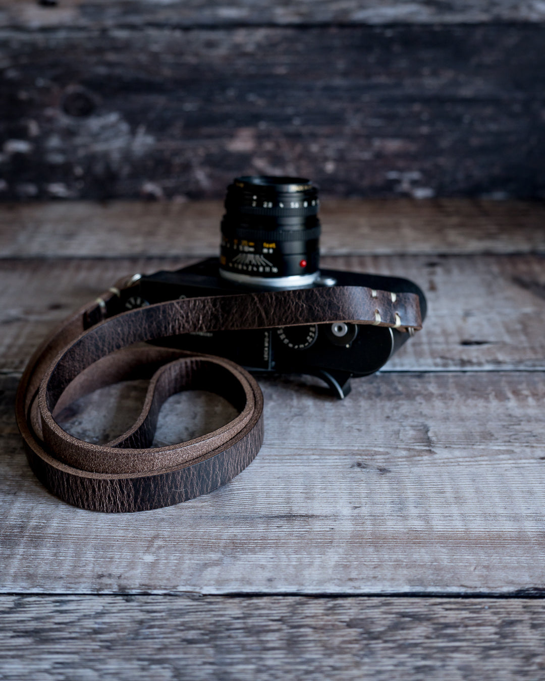 Handcrafted Savanna leather camera strap full length view 16mm width