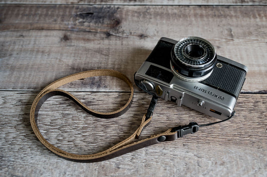 Black Horween Chromexcel slim leather neck strap with quick release for compact cameras