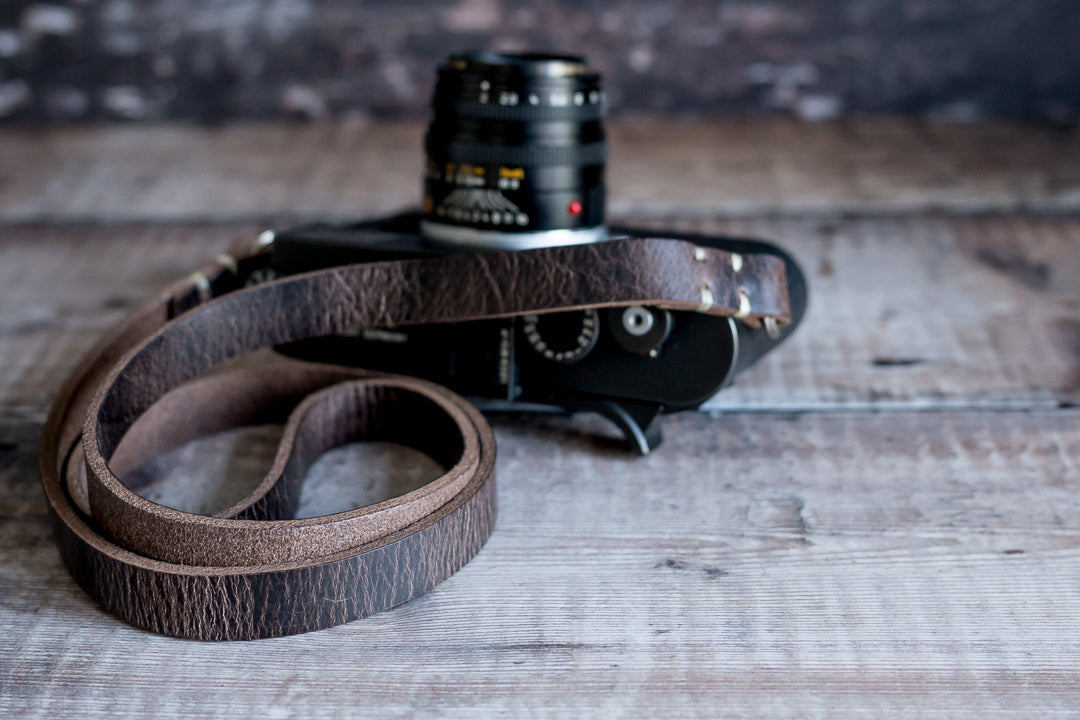 Savanna weathered veg tan leather camera strap with crackle aged effect