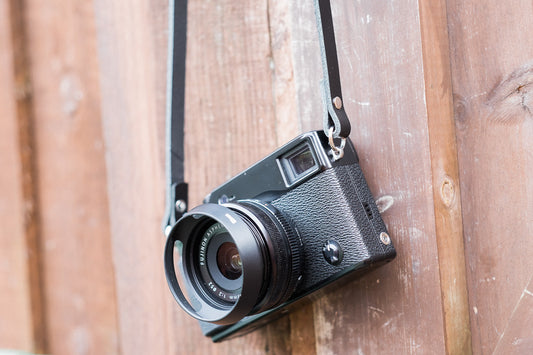 Classic black veg tan leather camera neck strap with nickel plate fittings handmade UK