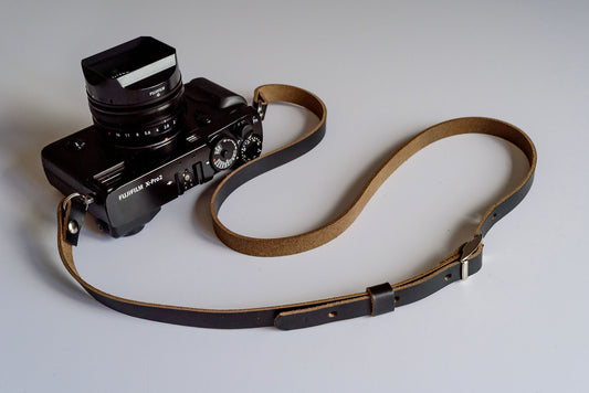 Close-up of adjustable length mechanism on Horween leather camera strap