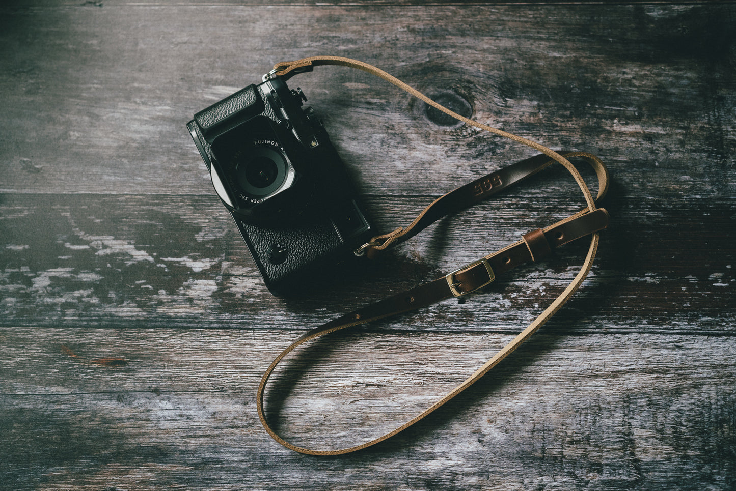Premium nickel plate hardware on adjustable Horween leather camera strap