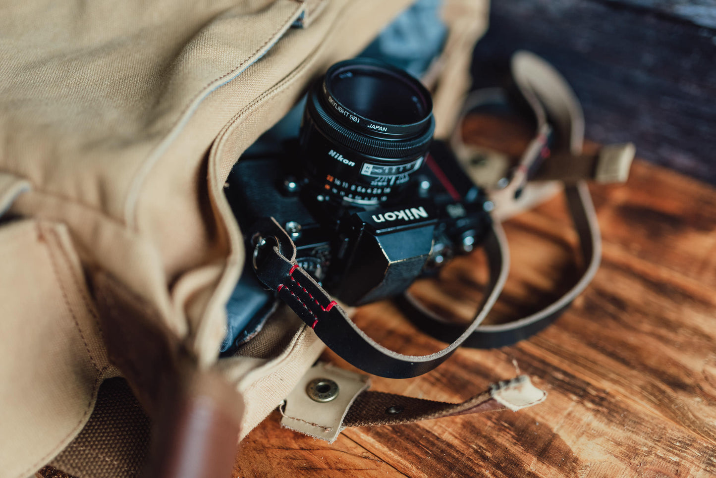 Premium Horween Chromexcel leather grain detail on GRANADA minimal camera strap