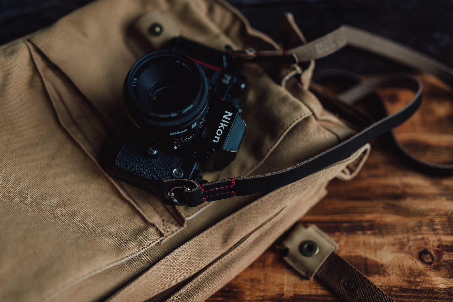 Handcrafted GRANADA minimal leather camera neck strap full length view