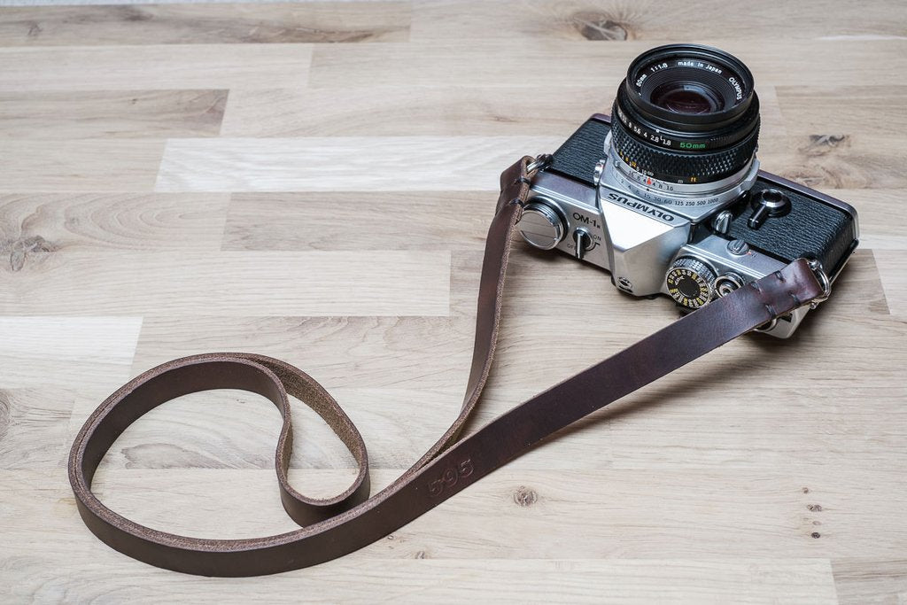 STERLING Horween leather strap attached to camera showing 16mm width