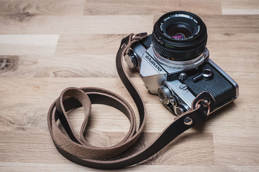 VANTAGE Horween Chromexcel leather camera strap with integrated bumpers handmade UK